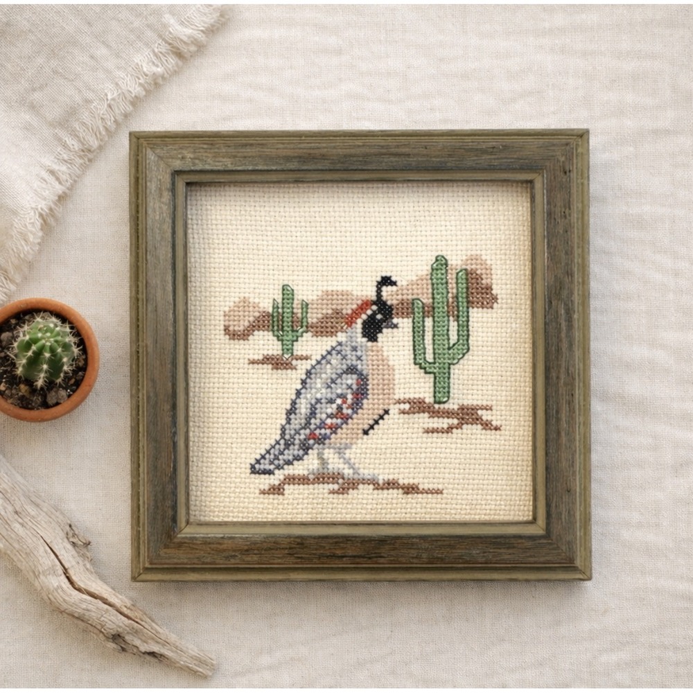 Framed Desert Quail Cross Stitch Wall Art in Green and Cream